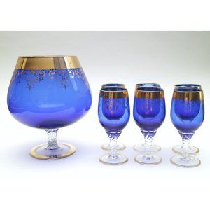 Set of 6 1950s Vintage Venetian Glass Cobalt Blue Wine Cocktail Glasses Bar Cart
